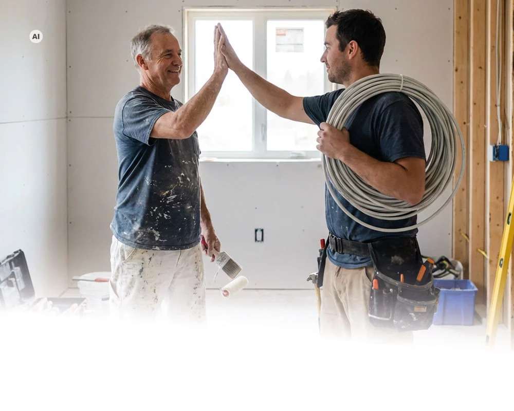 Reibungslose Abstimmung verschiedener Handwerker Glückliche Handwerker zwei unterschiedlicher Gewerke freuen sich über reibungslosen Ablauf auf der Baustelle