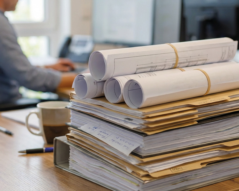 Stapel an Bauplänen und Bauunterlagen