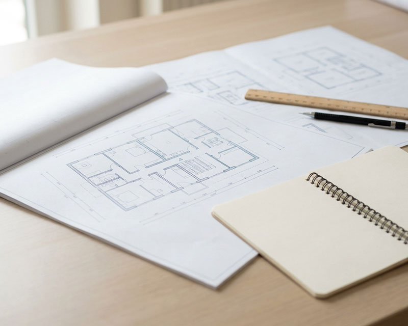 Bauplan auf Schreibtisch